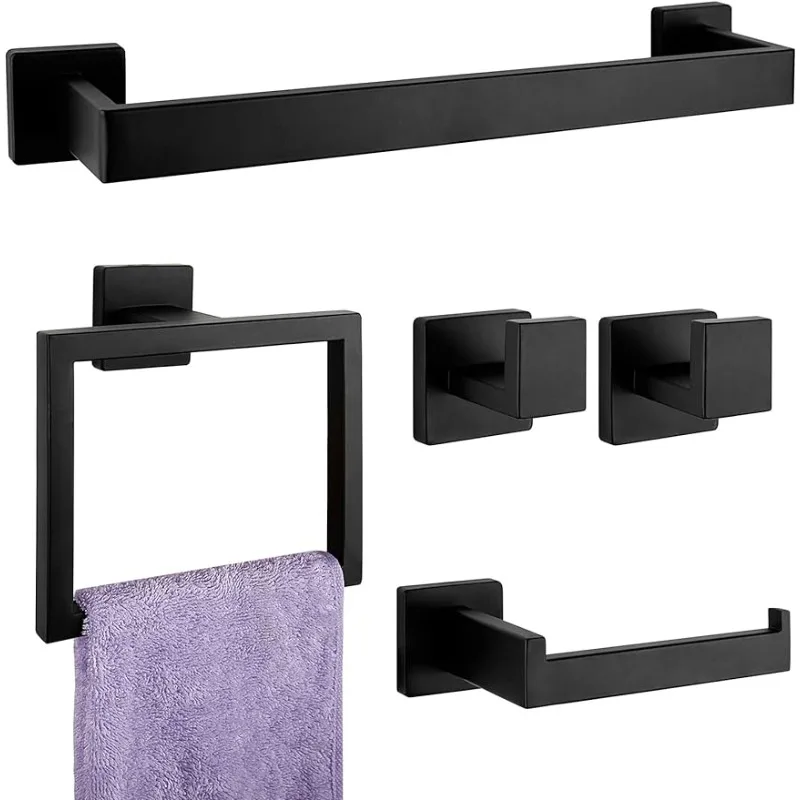 

5-Pieces Matte Black Bathroom Hardware Accessories Set, SUS304 Stainless Steel Bath Towel Bar Set, Towel Racks