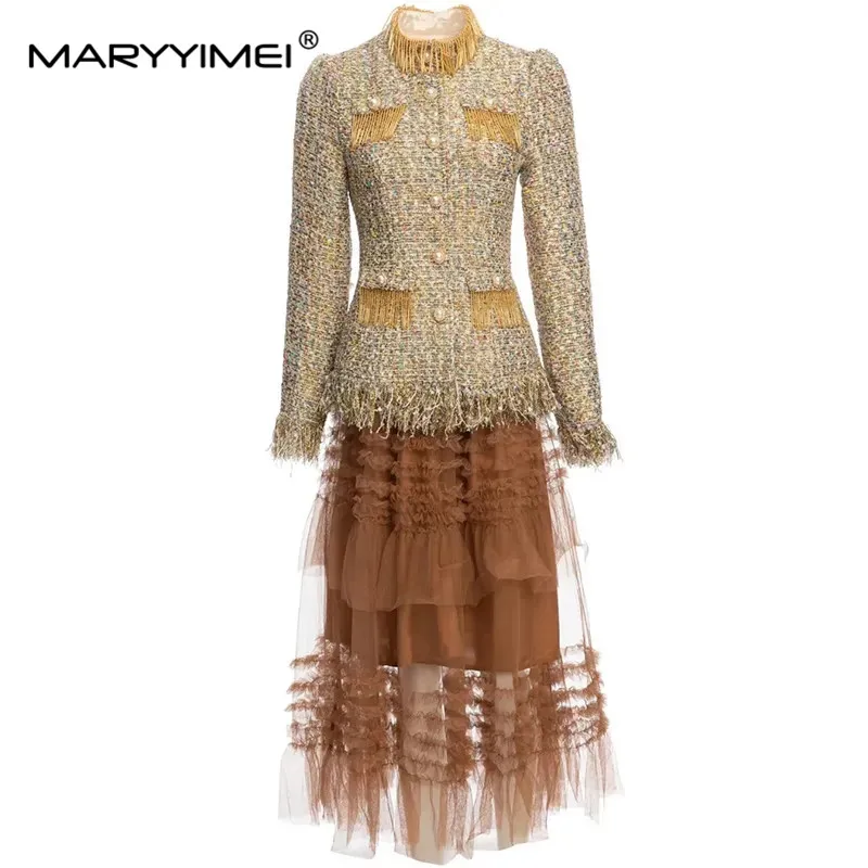

MARYYIMEI Designer Autumn Skirts Suit Women Vintage Luxury Beading Long Sleeve Tassel Tweed Coat + Mesh Skirt 2 Pieces Set