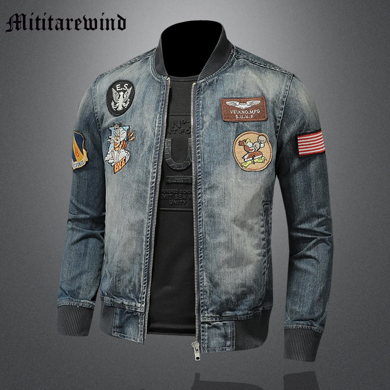 

Men's Patchwork Badge Baseball Denim Jackets Male Slimming Vintage Coats High Street Y2k Clothing Hip Hop Streetwear Moto&Biker