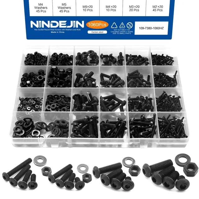 1060 ชิ้น M2 M3 M4 M5 Hex ซ็อกเก็ตสกรูชุดเหล็กคาร์บอนแบนรอบหัวหมวกสกรูสกรูและถั่ว Assortment ชุดกล่อง 1