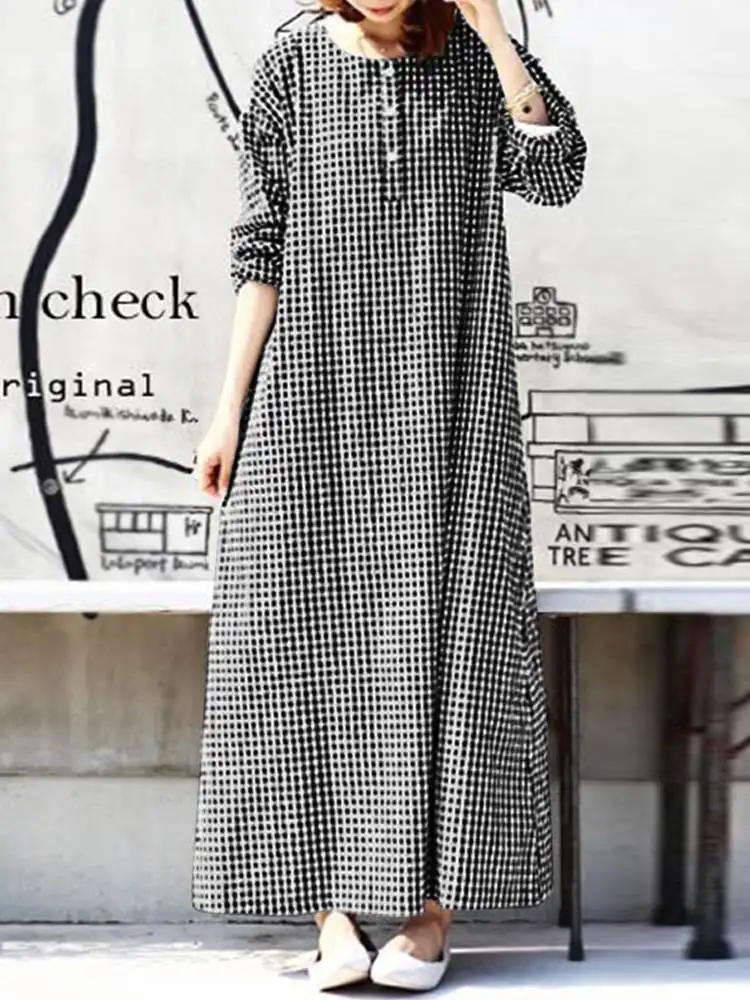 

Vintage Check Maxi Dress Women's Autumn Sundress ZANZEA 2023 Casual Long Sleeve O Neck Vestidos Robe Femme O Neck Plaid Kaftan