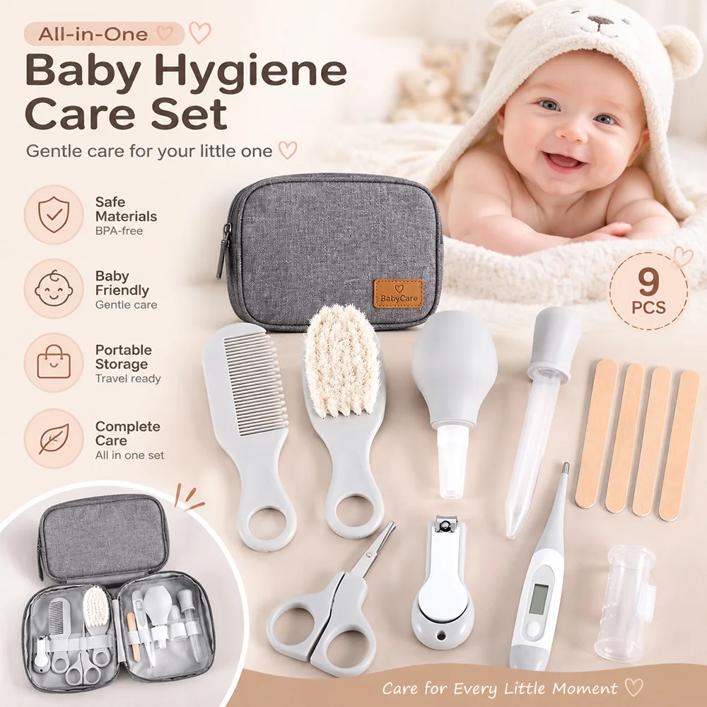 Kit per la Cura del Neonato 9 Pezzi con Tagliaunghie, Spazzola per Capelli, Pettine, Termometro, Set Essenziale per l'Igiene del Bambino, Kit da Viaggio