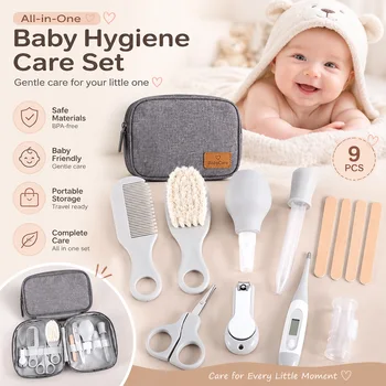Kit per la Cura del Neonato 9 Pezzi con Tagliaunghie, Spazzola per Capelli, Pettine, Termometro, Set Essenziale per l'Igiene del Bambino, Kit da Viaggio