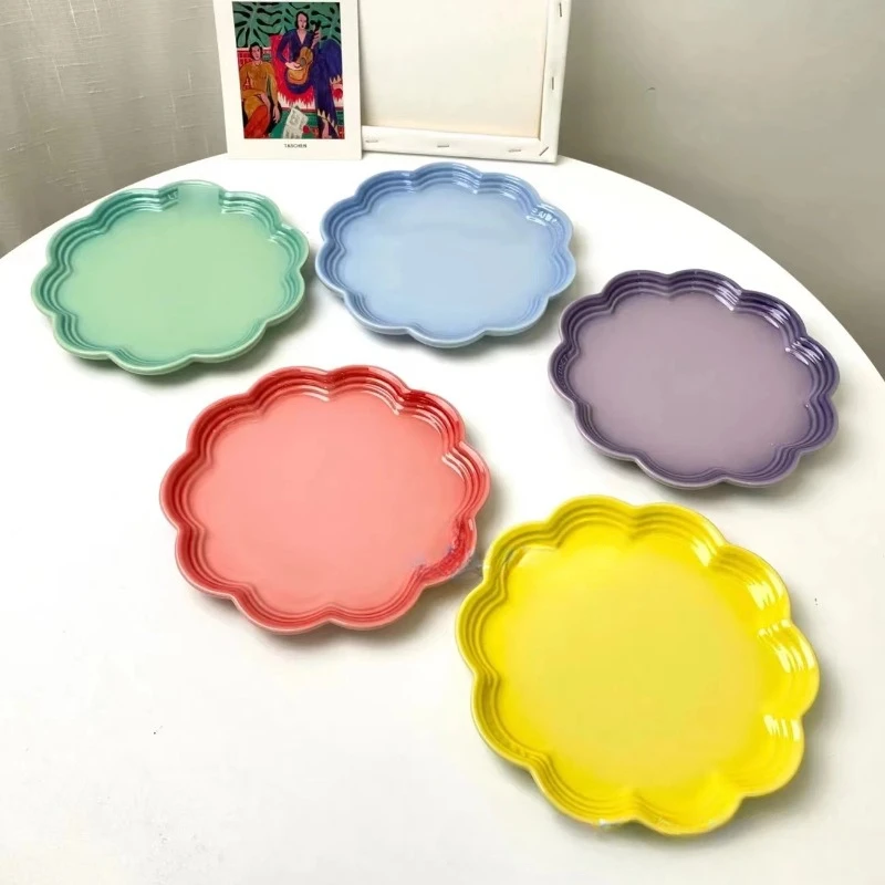 French Rainbow Lace Plate 22cm Stoneware Porcelain Skirt Plates Lace Fruit Dessert Macaron Ice Cream Serving Plates Tableware