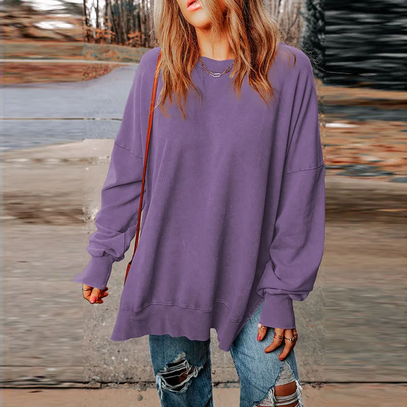 Women's Monochromatic Round Neck Pullover, Casual Hoodie Top, Loose Long Sleeve Sweatshirt, Make Old Blouse, Autumn Fashion, New