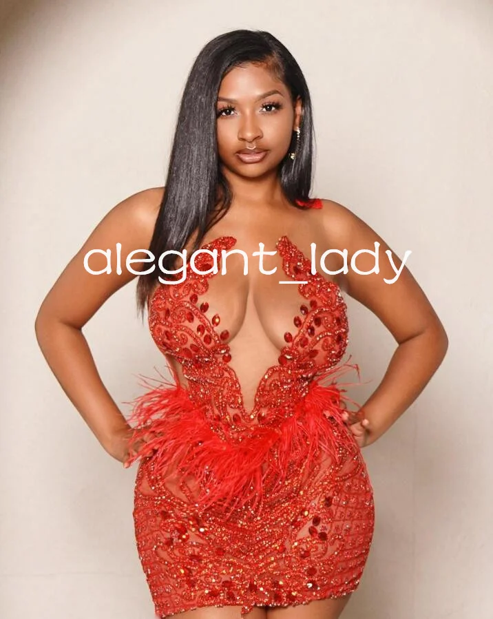 Red Sparkly Short Prom Homecoming Dresses Luxury Diamond Crystal Feather Birthday Party Gown vestidos de graduaci&oacute;n