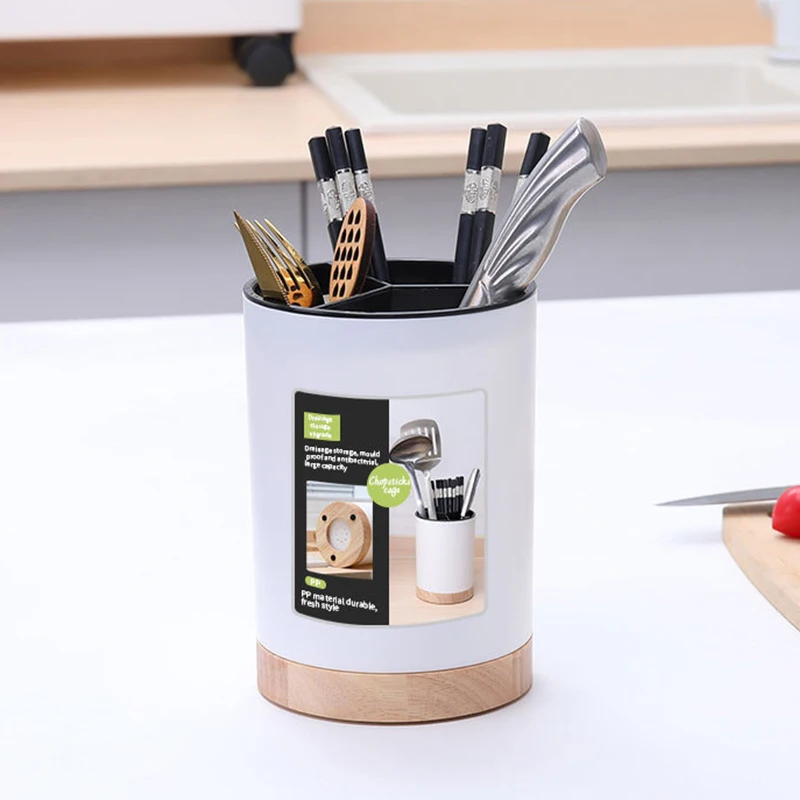Kitchen Utensil Holder 360&deg; Rotatable 3-Grid Tableware Drainer Chopstick Spoon Utensil Storage Bucket Removable Divider