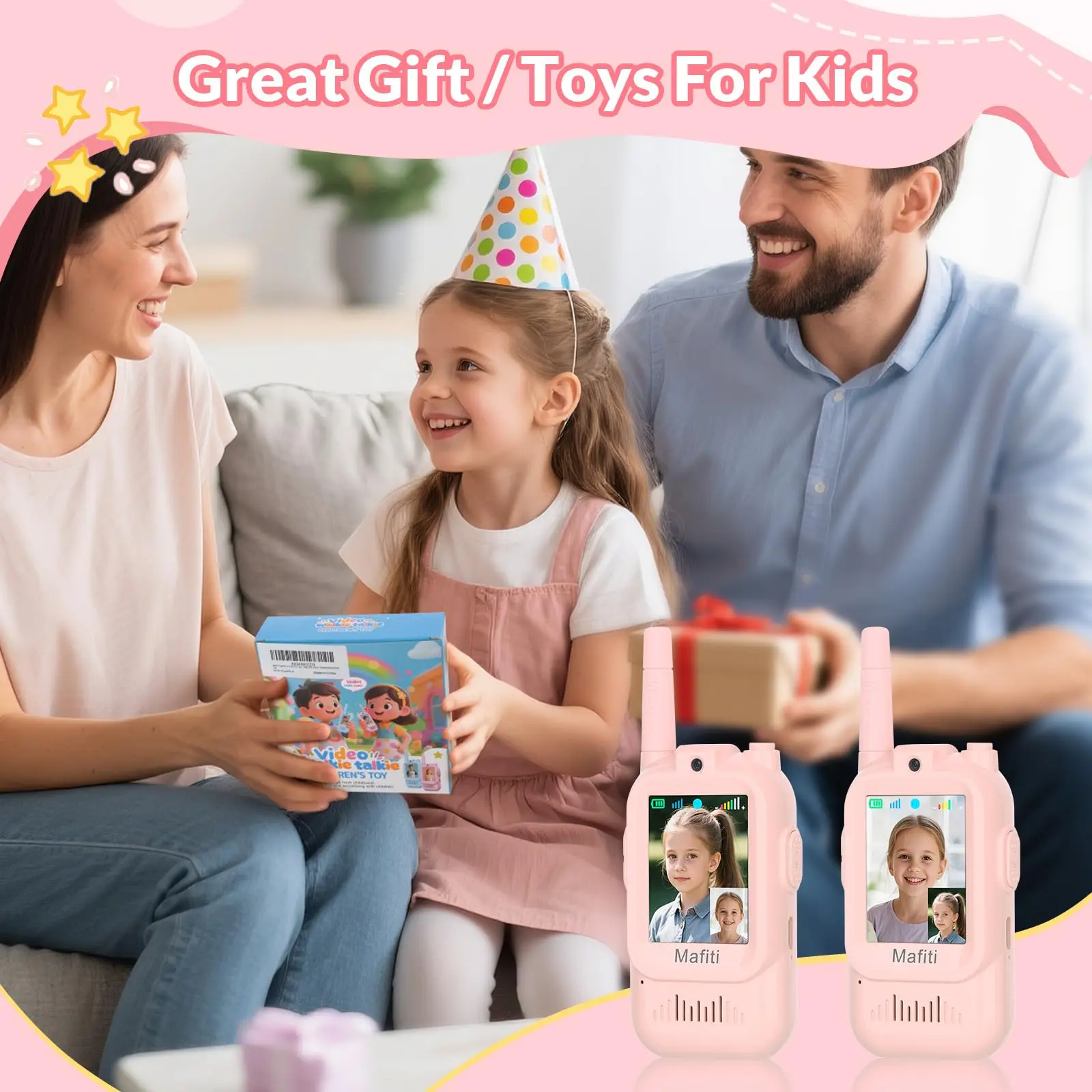 어린이용 비디오 워키토키: HD 카메라와 음성 변조 기능이 있는 2팩 충전식 용 장난감, 장거리 통신 선물용 장난감