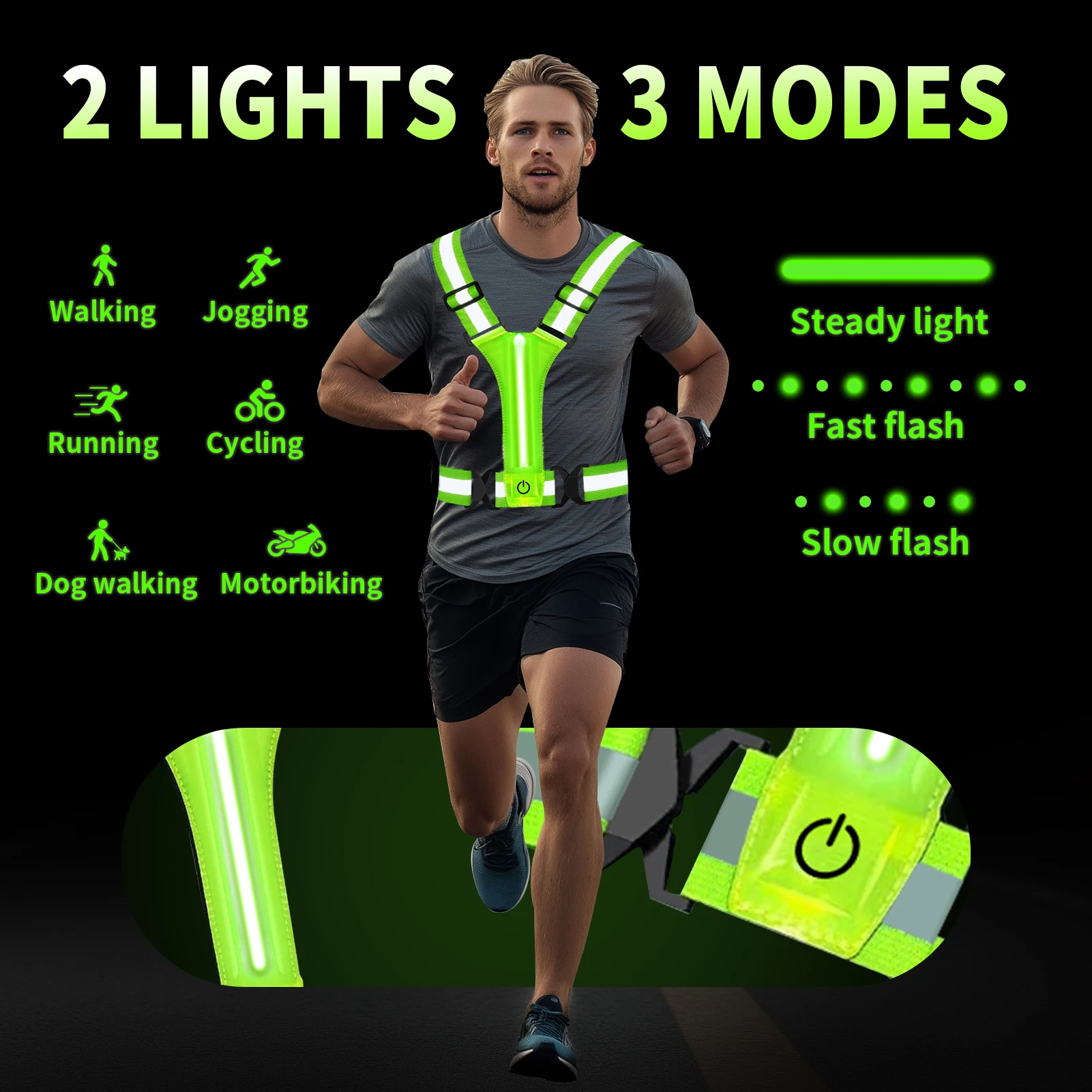 LED Reflective Vest USB Rechargeable Light Up High Visibility Running Gear Jogging Walking