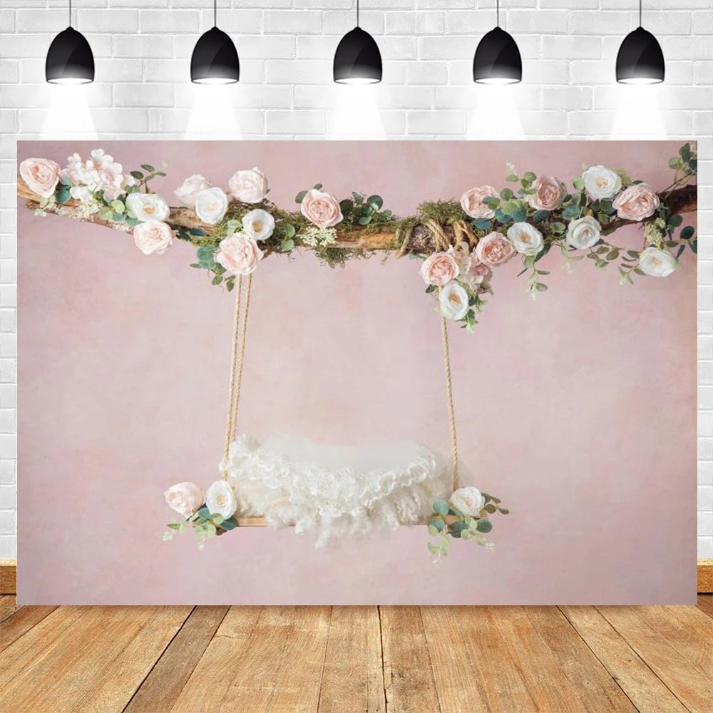 Newborn Backdrop Baby Shower Spring Flower Wood Floor Swing Birthday Background Sleeping Baby Portrait Backdrops Photo Studio photo backdrop