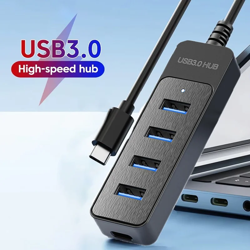 High-Speed 4-Port USB 3.0 Hub with Power Adapter for Laptops and Computers