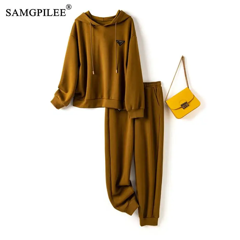 

Женский спортивный костюм из двух предметов, хлопковый спортивный костюм с капюшоном и штаны, комплект из двух предметов для осени и зимы, 4XL