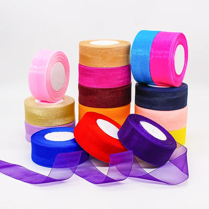 12/15/20/25/40/50mm (50 야드/롤) Organza 얼룩 리본 DIY 공예 결혼식 파티 장식 케이크 선물 활 포장 리본