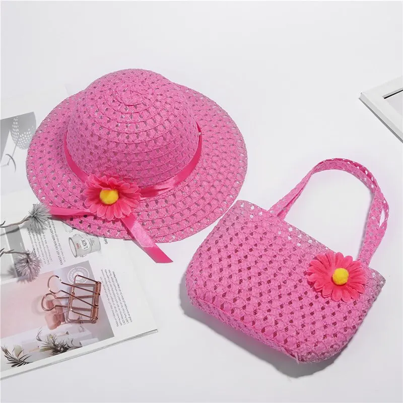 2 Pcs Set Girls Tea Party Straw Sun Hat and Purse Sets Kids Child Birthdays Easter Party Daisy Flower Summer Beach straw hat,baby sun hat,outdoor sun hat