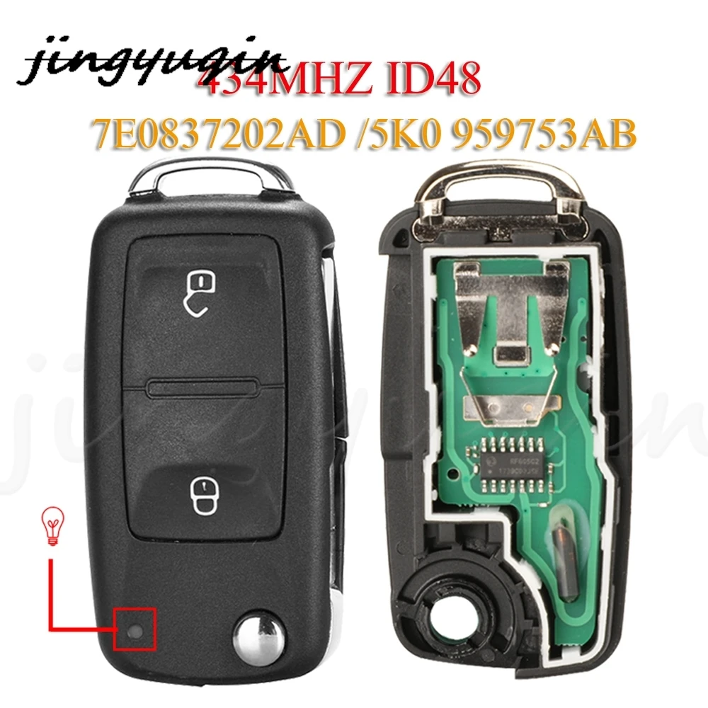 

jingyuqin 7E0837202AD 2BTN Remote Car Key Fob 434Mhz ID48 For VW Amarok Transporter Beetle Eos Seat Skoda Citigo 5K0 959753AB