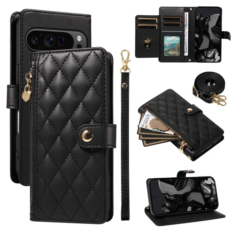 Elegant Leather Zipper Flip Phone Case with Long Lanyard and Wrist Strap Wallet