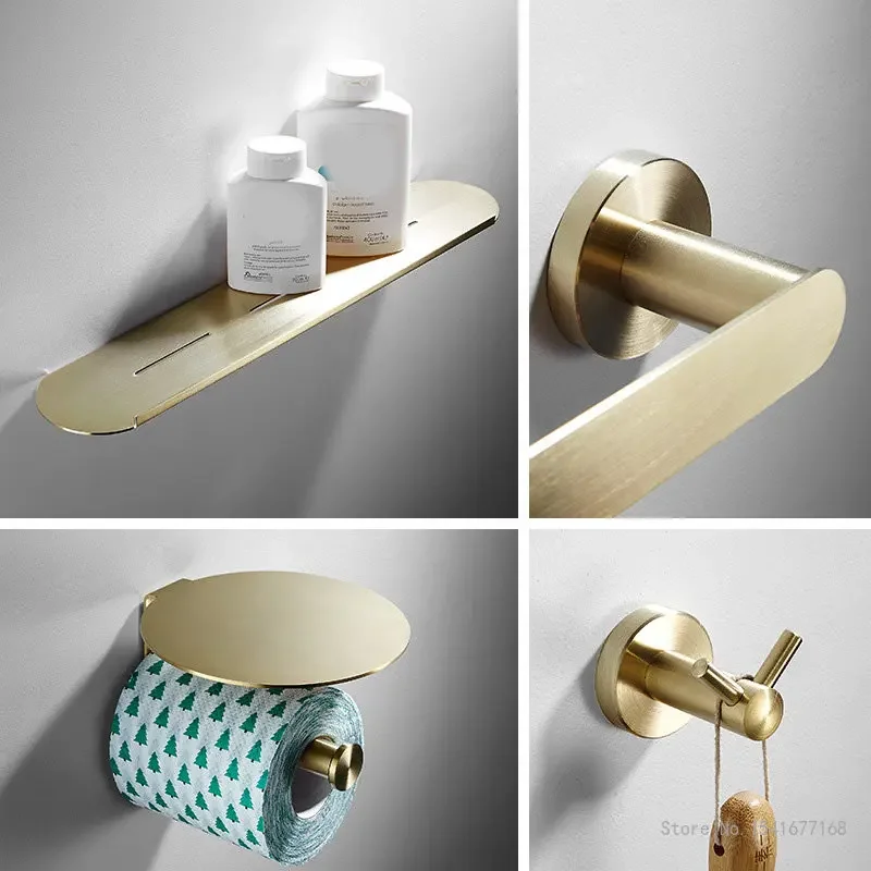 Nordic Style Brushed Gold Stainless Steel Towel Rack Bathroom Towel Ring Paper Towel Rack Triangle Basket Toilet Brush Shelf 1Pc