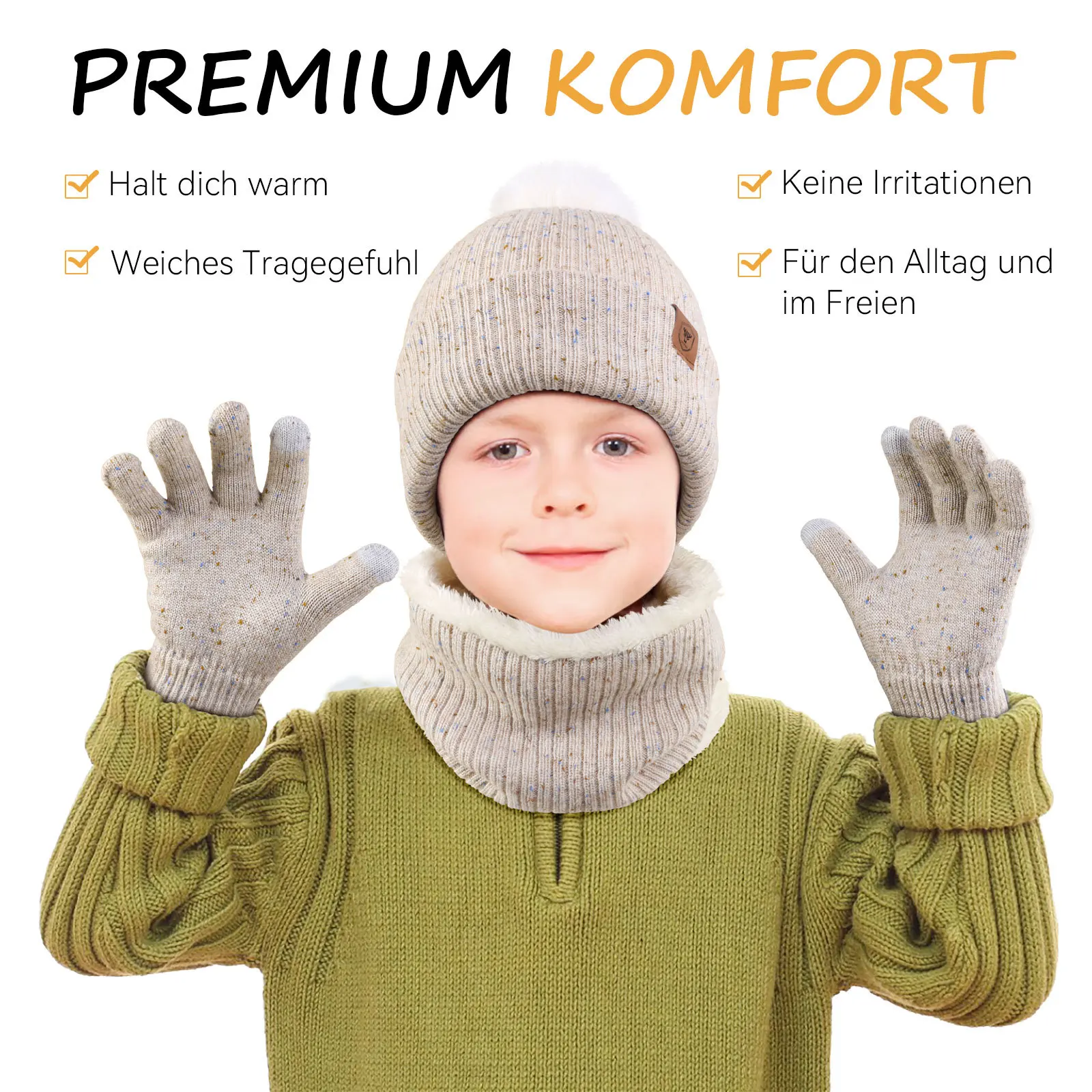 Kids Winter Hat Gloves Scarf Set Boys Girls Beanie with Pom Neck Warmer Mittens Fleece Lined Sets