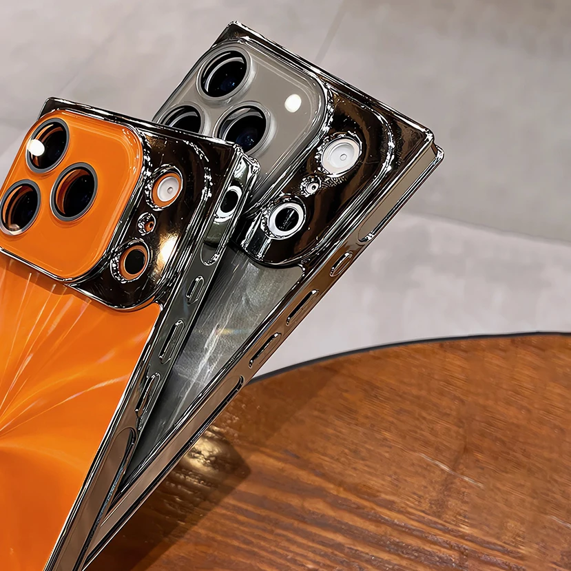 Luxury Plating CD Texture Square Armor Phone Case with Crystal Lens Glass and Shockproof Cover