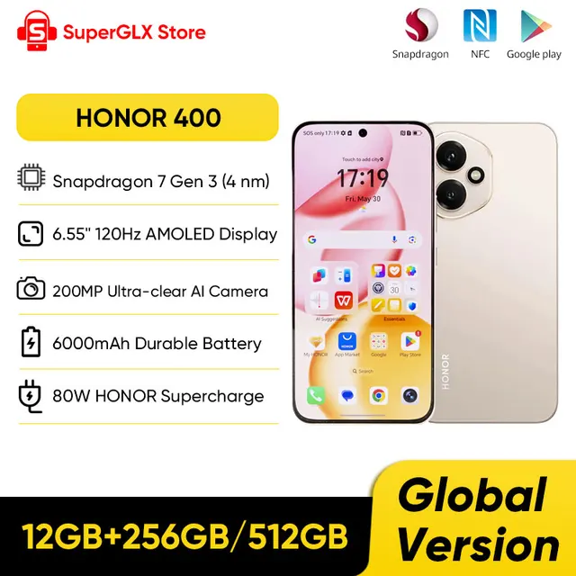 Original HONOR 400 Global Version 5G Smartphone 6.55" 120Hz AMOLED Display Snapdragon 7 Gen 3 200MP 6000mAh 80W SuperCharge NFC