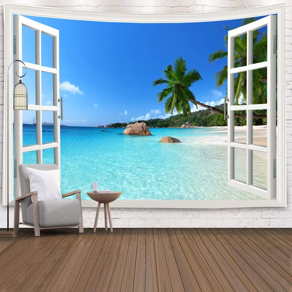 

3D Съемная настенная наклейка, окно, пейзаж, зеленая пальма, Пляжная комната, Декор, Настенный декор, домашний декор, комната, художественный Декор