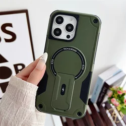 Magnetic Foldable Stand Holder with Heavy Duty Armor Bumper and Shockproof Design - iPhone 14 (Dark Green)