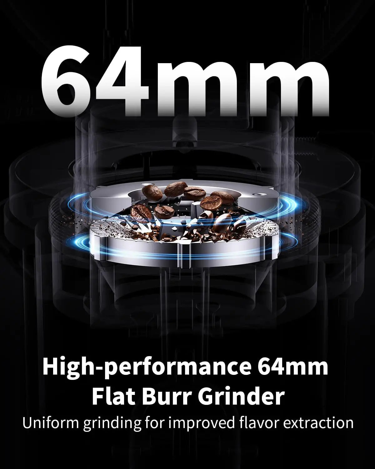 Professional 64mm Burr Grinder for Coffee Beans with 100 Grind Options and Metal Chamber