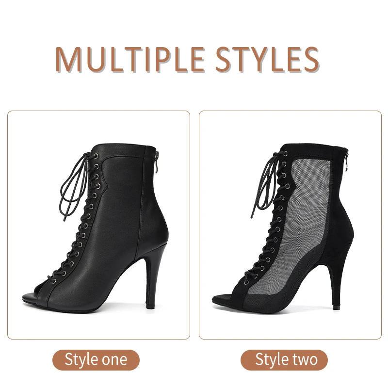 Woman Latin Dance Booties Open Toe Lace Up Stiletto Bootie for Women Suede Sole High Heels Beige Black Ankle Boots Dancing Shoes 3