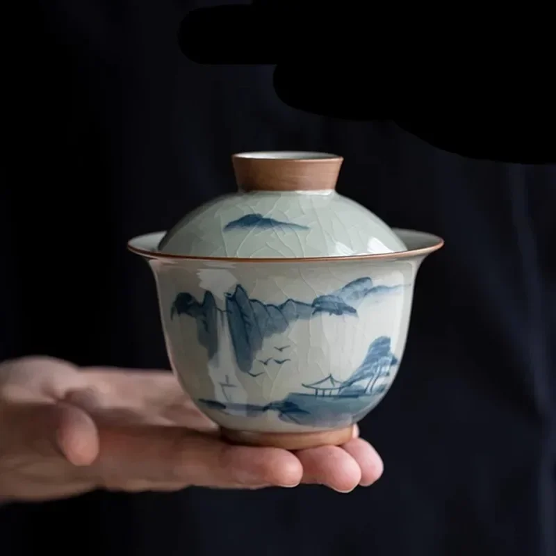 Hand-painted Travel Tea Set Office Tea Infuser Underglaze Color Ceramic Gaiwan Teacup Outdoor Portable Set with Storage Bag