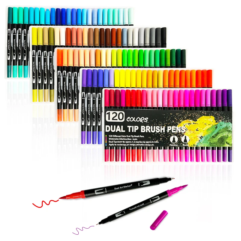 24/48/60/100 색상 듀얼 팁 마커 펜 워셔블 세트 소프트 파이버 브러쉬 펜 파인 펜촉 아트 드로잉 용품 편지지
