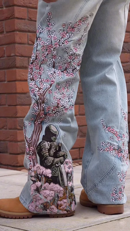 2025 New Mens Jeans Cherry Blossom Embroidery Exotic Knight Design Cultural Symbol Pattern Fusion Trendy Eye Catching Style 3