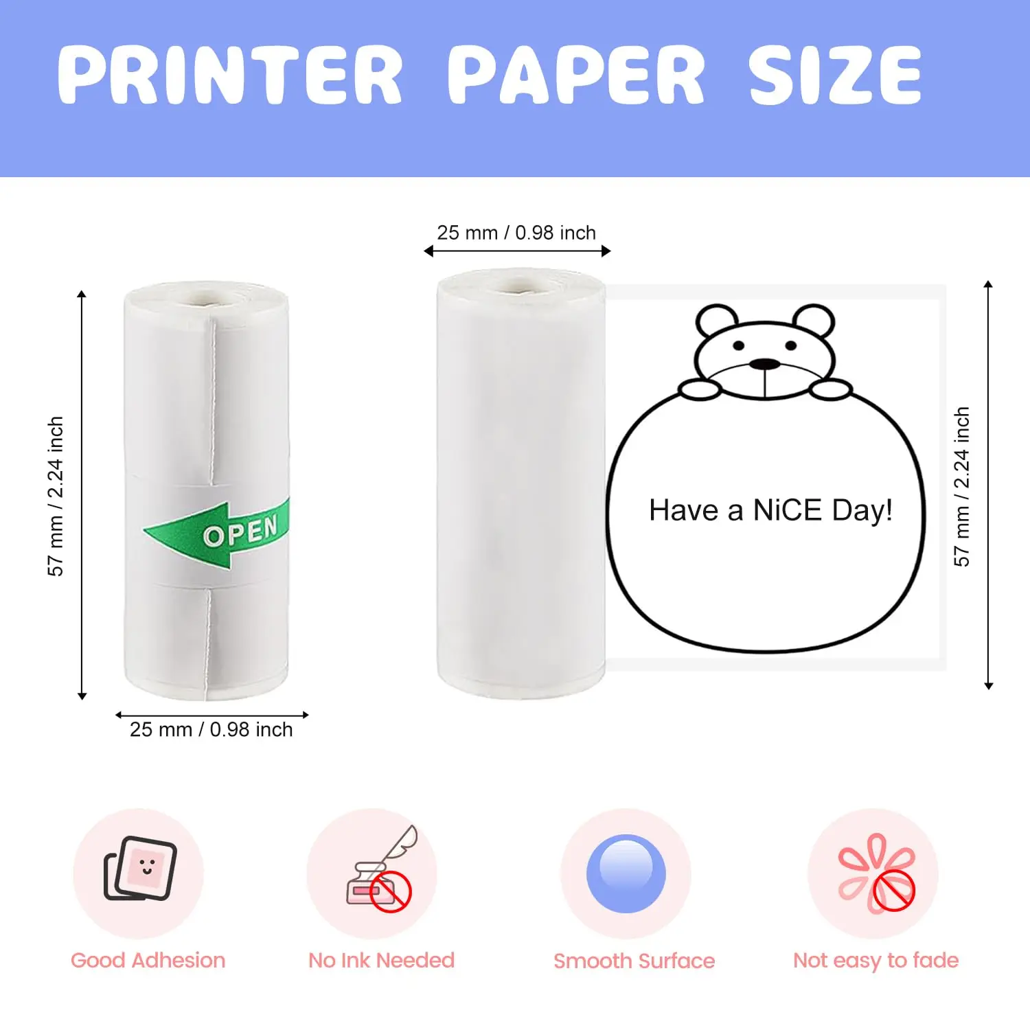 57mm Thermal Paper Rolls for Mini Printer Color Self-Adhesive Sticker Labels/Photo Paper Compatible with PeriPage/PAPERANG Paper