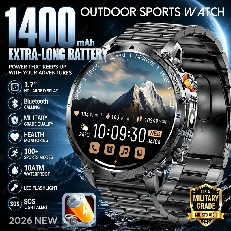 Montre connectée robuste pour homme 2026, batterie 1400 mAh, écran HD 1,7 pouces, appels Bluetooth, étanche 10 ATM, moniteur de fréquence cardiaque, tracker d'activité sportive S