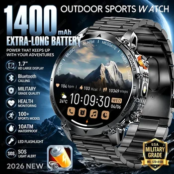 Montre connectée robuste pour homme 2026, batterie 1400 mAh, écran HD 1,7 pouces, appels Bluetooth, étanche 10 ATM, moniteur de fréquence cardiaque, tracker d'activité sportive S