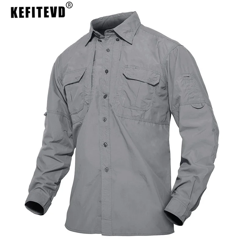 Mens Long Sleeve Fishing Shirts Multi-Pocket Outdoor Quick Dry Nylon