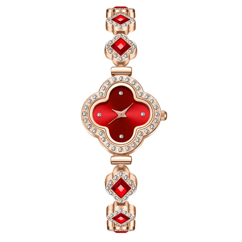 Clover bracelet watch with quartz and diamond inlay, fashionable women's watch