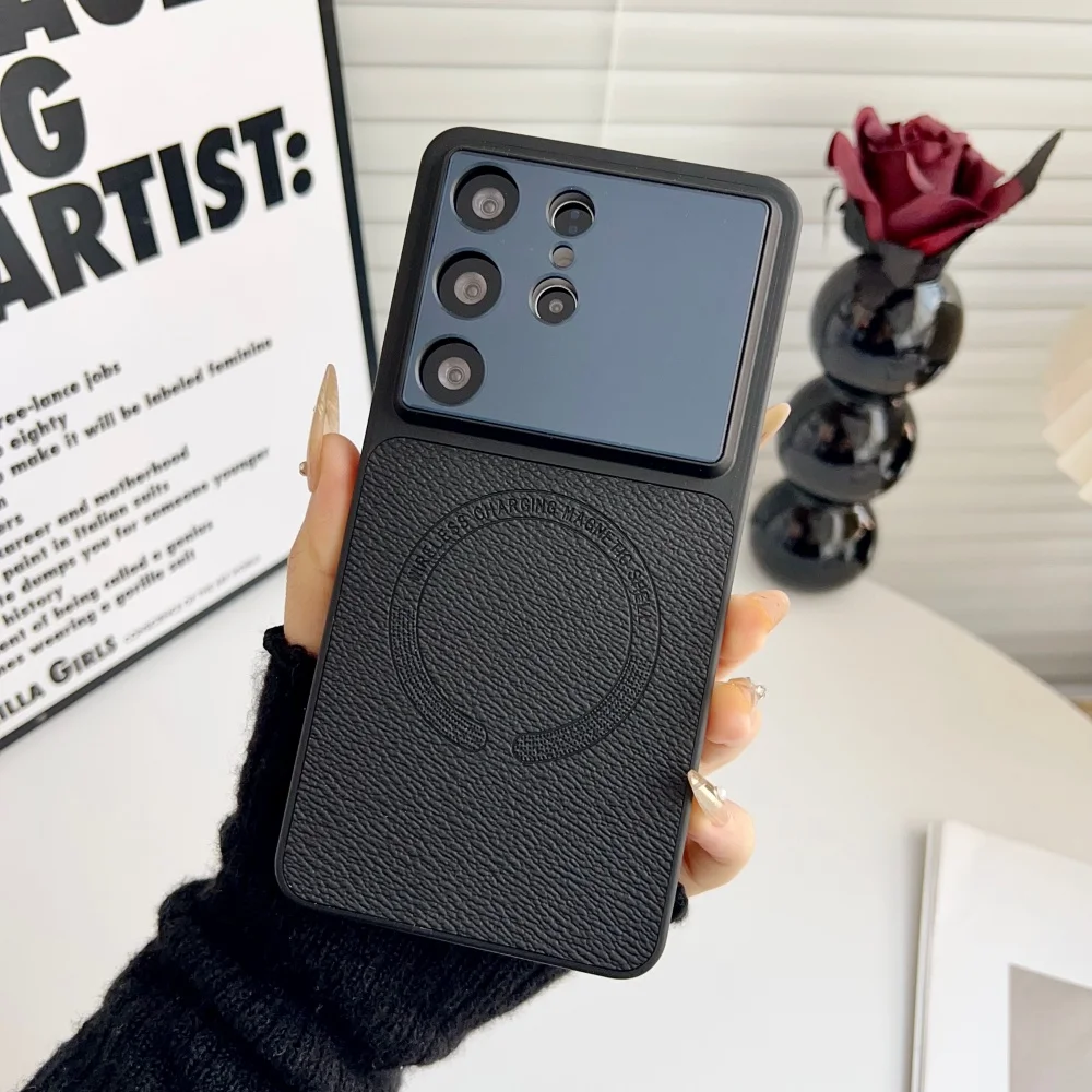 Premium Magnetic Leather Case with Large Camera Window - Shockproof Back Cover