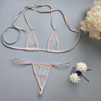 Ensemble de lingerie sexy pour femmes, mini-soutien-gorge sans armatures, ultra-fin, en maille non doublée, ensemble de soutien-gorge et culotte noir transparent, 2 pièces, halter, lingerie exotique pour femmes