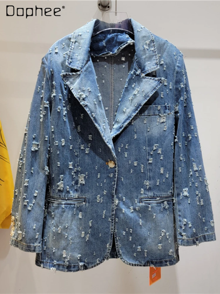 

Korean Style Fashion Denim Jacket for Women 2023 Autumn New Elegant Chic Slimming Suit Collar Long Sleeve Jean Jackets Ladies