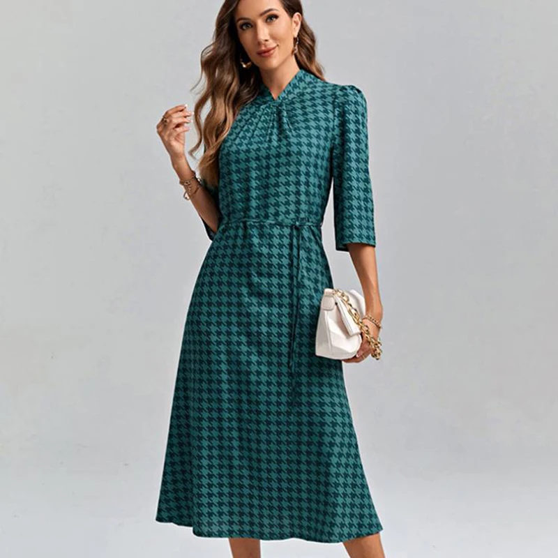 

Женское винтажное платье макси с поясом, зеленое Элегантное Длинное платье с рукавом до локтя и принтом для вечеринки, размер XL, 2022