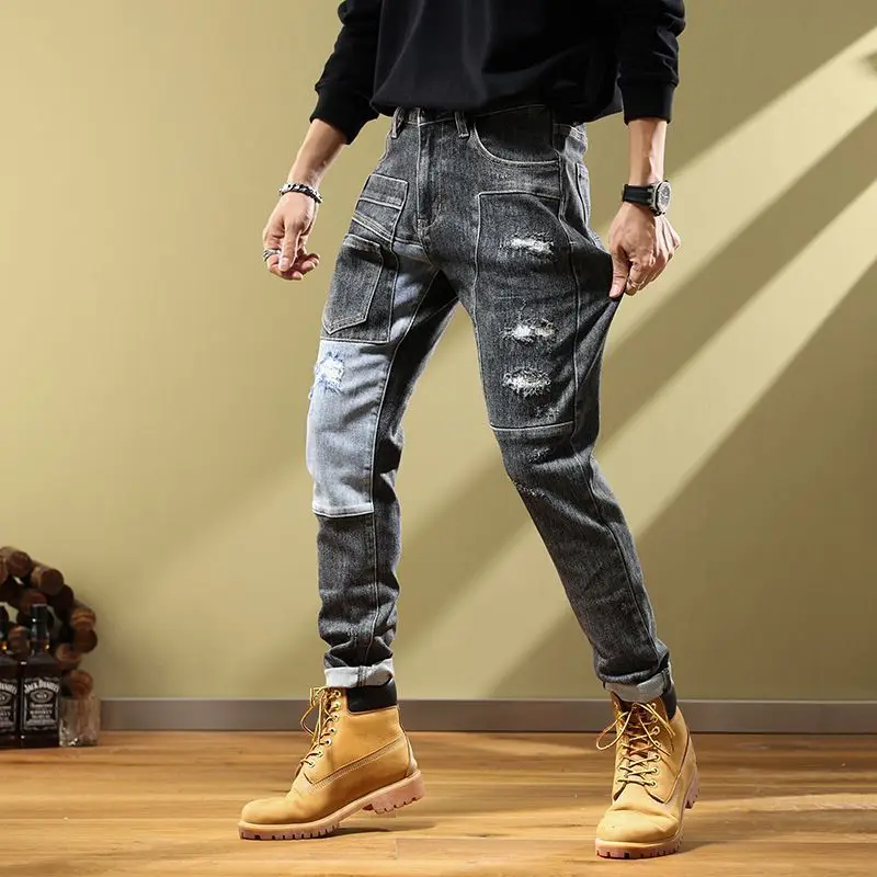 Autumn fashion label fashion patch splicing fashion men's jeans motorcycle retro Korean small leg pants ripped jeans  men jeans