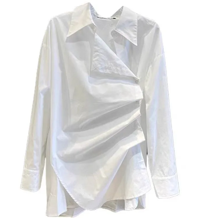Design inspired chic long sleeved white shirt for women's spring 2024 new pleated loose fitting shirt  blusa feminina