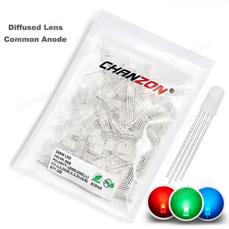 100pcs 5mm RGB LED 방출 다이오드 마이크로 표시기 Arduino 빨간색 녹색 파란색 여러 가지 빛깔의 일반적인 양극 음극 3V DIY PCB 회로 전구