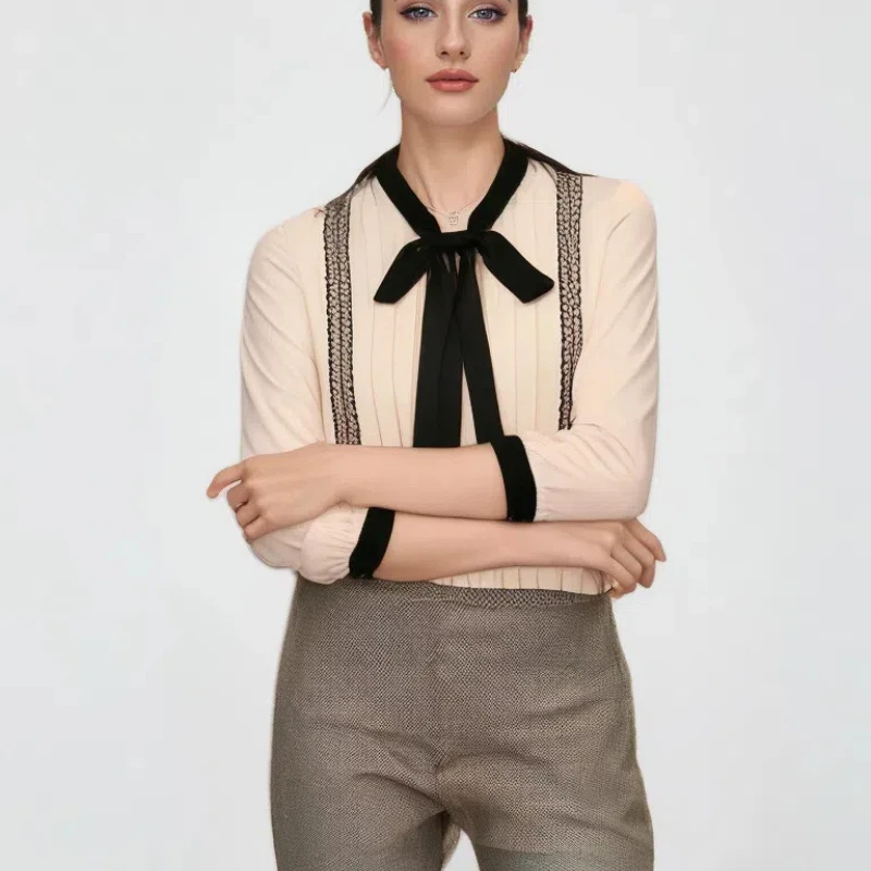 New Fashion Spring and Summer Bow Tie Commuting Women's Chiffon Shirt Casual Women's Shirt Top 0473