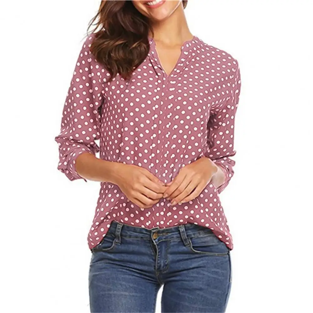 

Women V-neck Long Sleeve Shirt Tops Dot Print Loose Fit Thin Blouse Office Lady Casual Tops Female Clothing