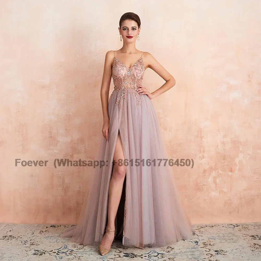 

Sexy Spaghetti Straps Evening Dresses 2023 New Arrival V-Neck Rhinestones Beading Formal Prom Gowns with Slit robe de soiree