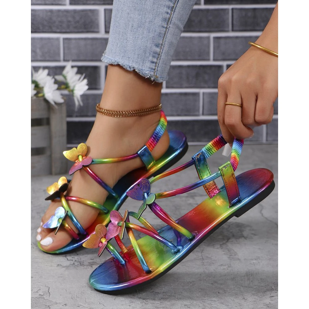 Women Summer Beach Butterfly Decor Back Strap Flats Sandals Outdoor Summer Fashion Round Toe Multicolor Going Out Summer Shoes