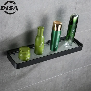 욕실 화장실 유리 랙 무료 천공 된 공간 알루미늄 미러 전면 랙 허영 스탠드 단일 레이어 블랙 메이크업 랙