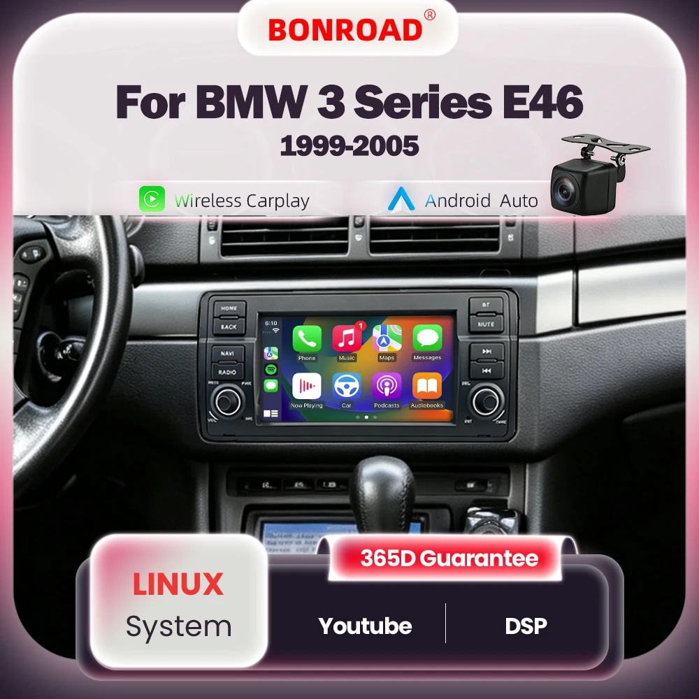 Radio para coche BONROAD de 7 pulgadas con pantalla táctil Linux para BMW Serie 3 E46 M3 Coupe 318 320 325 330 335 1998-2006 para Rover 75 MG ZT 1999-2005 Reproductor multimedia para coche con CarPlay inalámbrico Android Auto DSP WiFi RDS GPS MirrorLink 1
