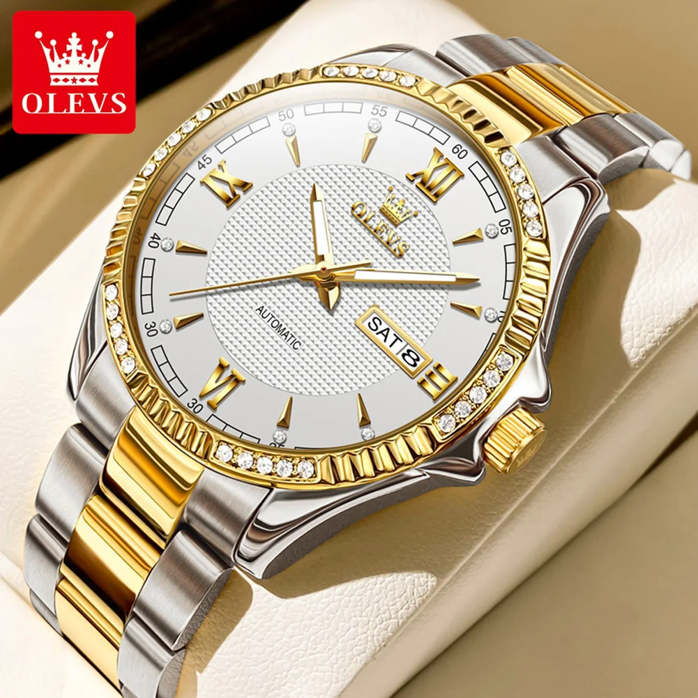 OLEVS New In Diamond Gold Mechanical Watch for Men Automatic Self-wind Luxury Brand Men's Wristwatches Stainless Steel Man Watch
